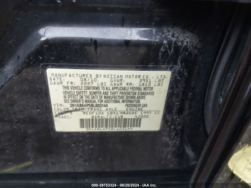 2011 Nissan Sentra 2.0/2.0S/Sr/2.0Sl VIN: 3N1AB6AP5BL603144 Lot: 39753324