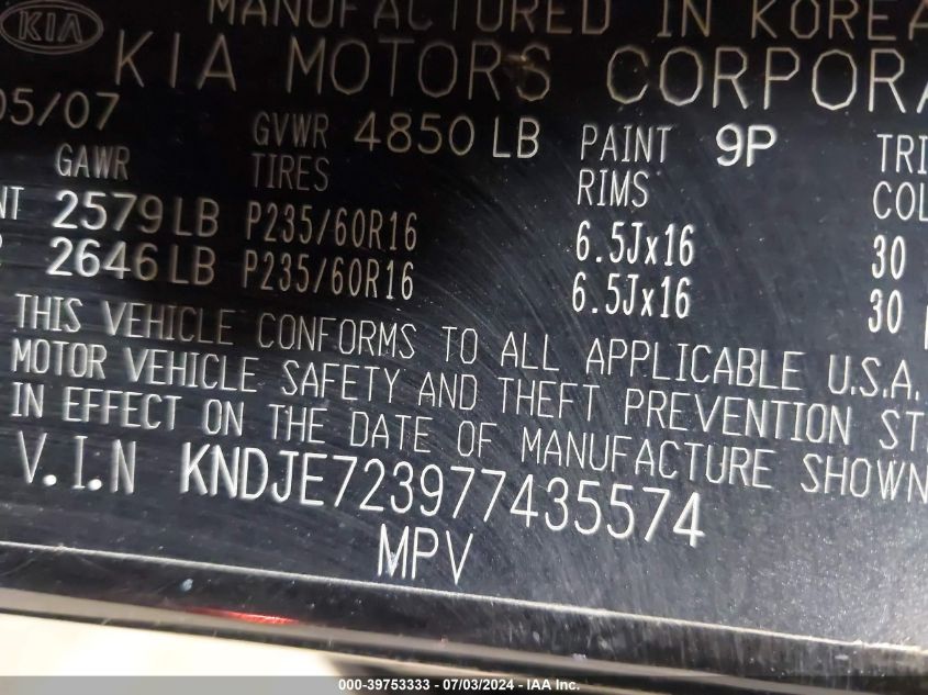 2007 Kia Sportage Lx V6 VIN: KNDJE723977435574 Lot: 39753333