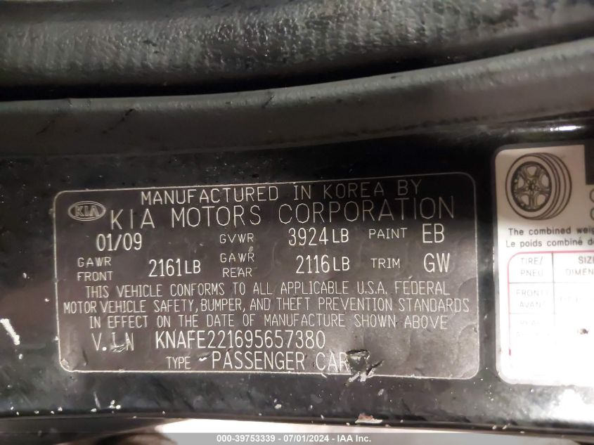 2009 Kia Spectra Ex VIN: KNAFE221695657380 Lot: 39753339