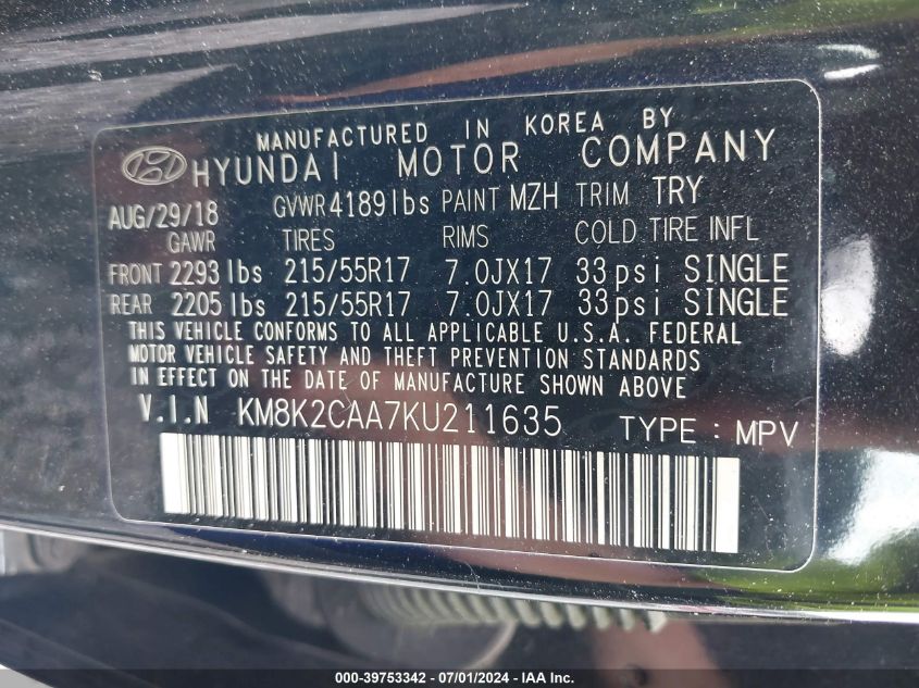 2019 Hyundai Kona Sel VIN: KM8K2CAA7KU211635 Lot: 39753342