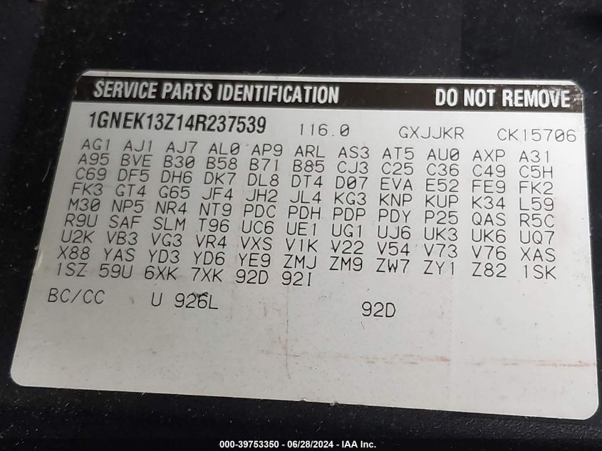 2004 Chevrolet Tahoe K1500 VIN: 1GNEK13Z14R237539 Lot: 39753350