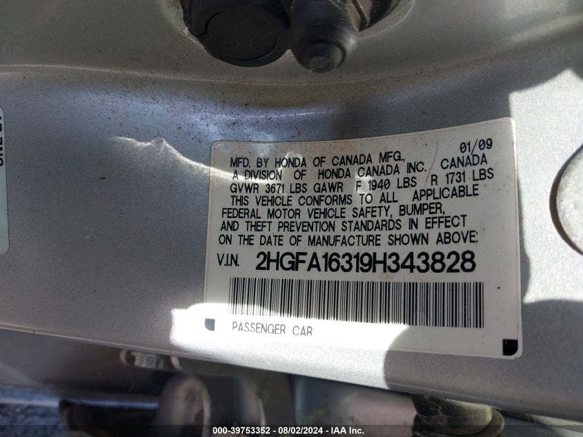 2009 Honda Civic Vp VIN: 2HGFA16319H343828 Lot: 39753352