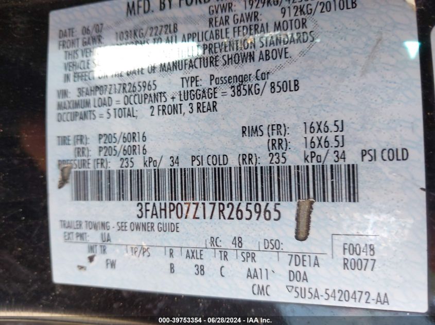 2007 Ford Fusion Se VIN: 3FAHP07Z17R265965 Lot: 39753354