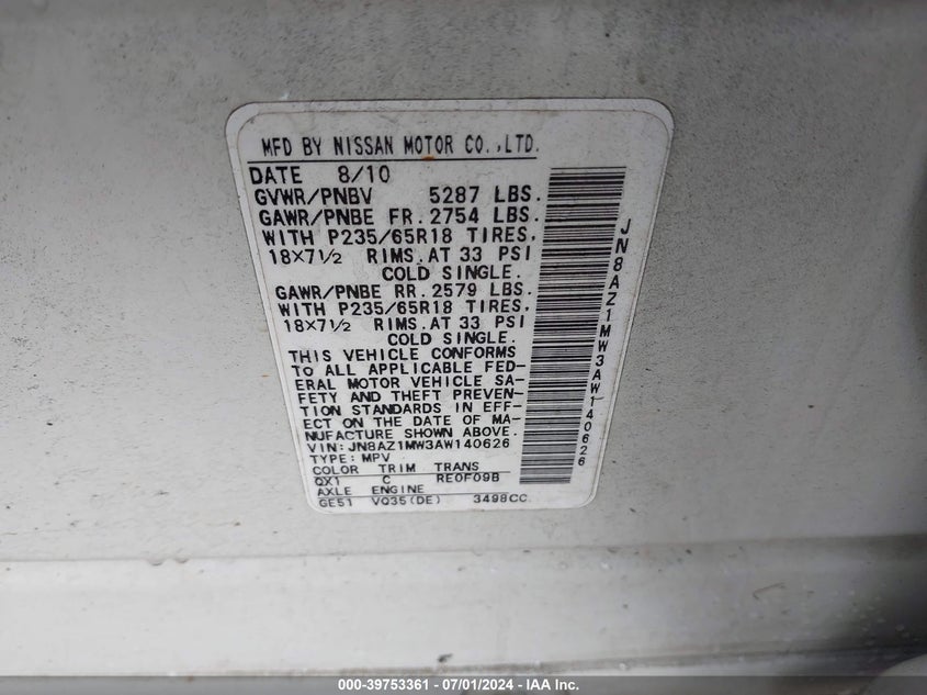 2010 Nissan Murano Sl VIN: JN8AZ1MW3AW140626 Lot: 39753361