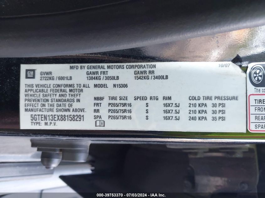 2008 Hummer H3 Suv VIN: 5GTEN13EX88158291 Lot: 39753370