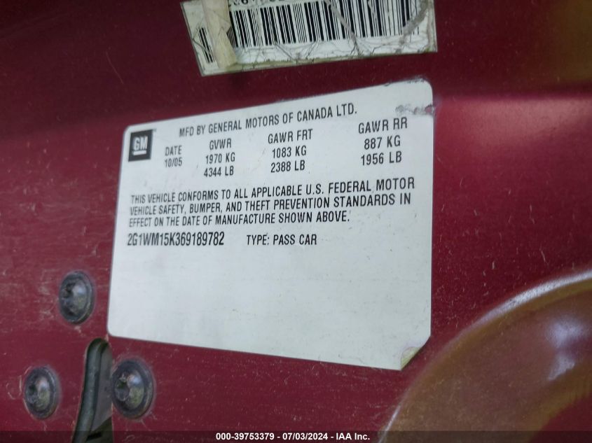 2006 Chevrolet Monte Carlo Lt VIN: 2G1WM15K369189782 Lot: 39753379