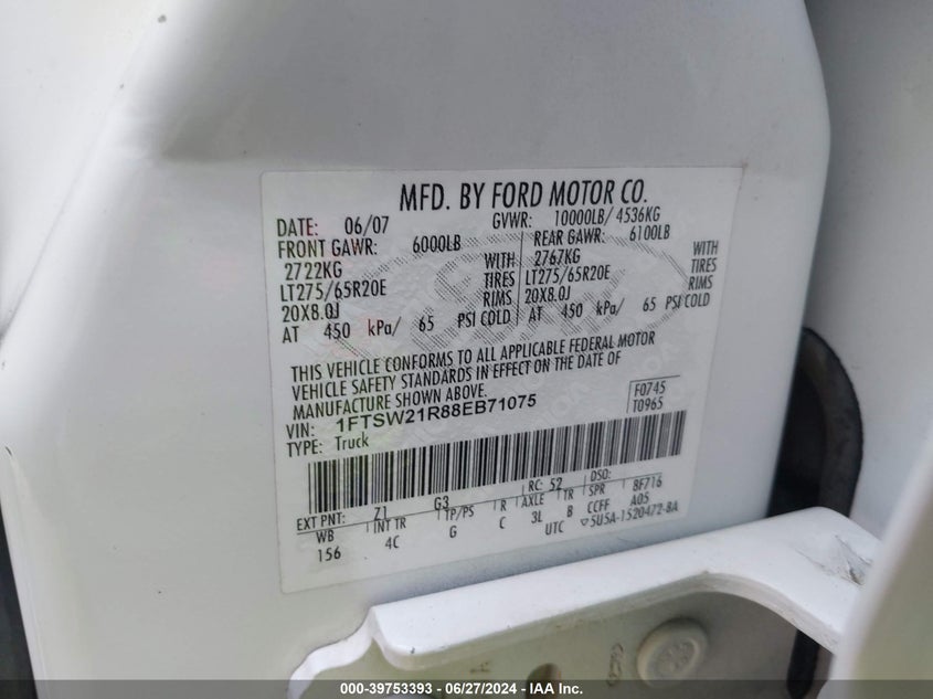 2008 Ford Super Duty F-250 Xl/Xlt/Fx4/Lariat/King Ranch/Harley-Davidson VIN: 1FTSW21R88EB71075 Lot: 39753393