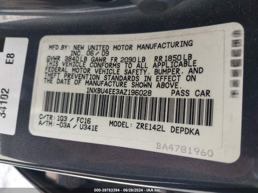 2010 Toyota Corolla Le VIN: 1NXBU4EE3AZ196028 Lot: 39753394