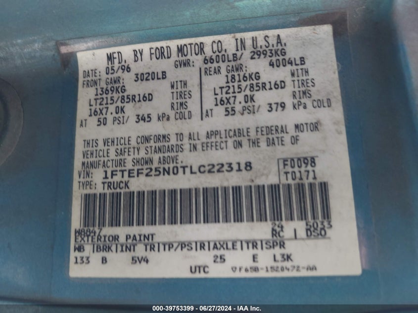 1996 Ford F250 VIN: 1FTEF25N0TLC22318 Lot: 39753399