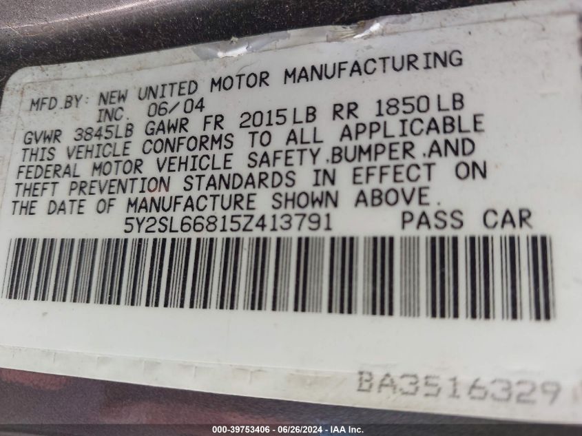 2005 Pontiac Vibe VIN: 5Y2SL66815Z413791 Lot: 39753406