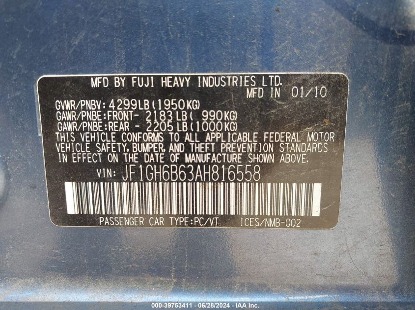 2010 Subaru Impreza 2.5I Premium VIN: JF1GH6B63AH816558 Lot: 39753411