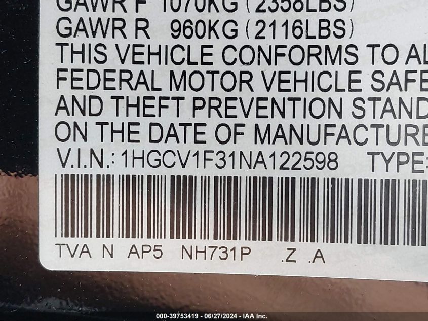 2022 Honda Accord Sport VIN: 1HGCV1F31NA122598 Lot: 39753419