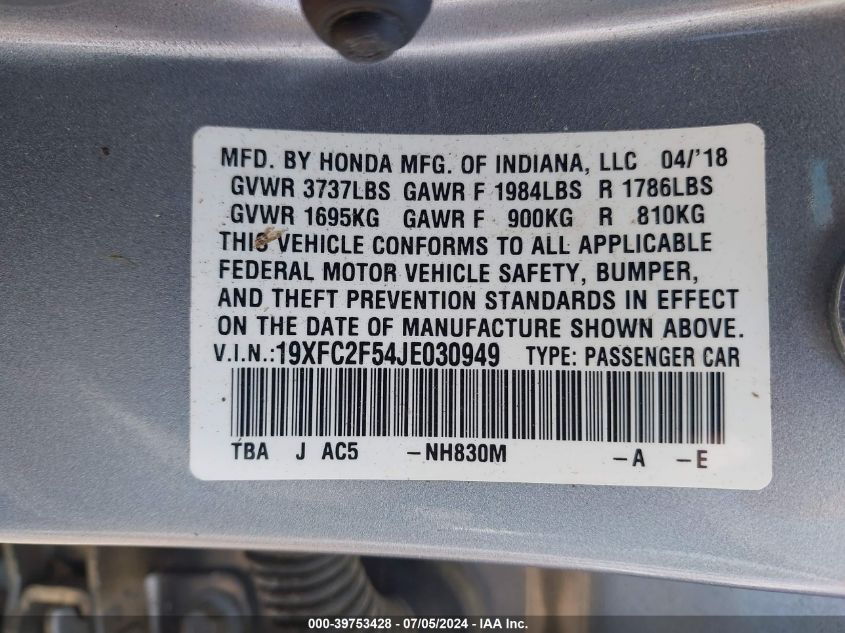 2018 Honda Civic Lx VIN: 19XFC2F54JE030949 Lot: 39753428