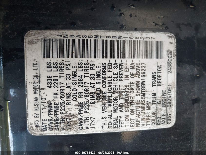 2011 Nissan Rogue Sv VIN: JN8AS5MT8BW166237 Lot: 39753433