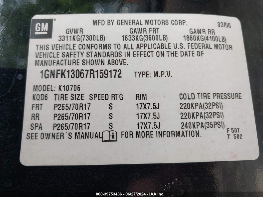 2007 Chevrolet Tahoe K1500 VIN: 1GNFK13067R159172 Lot: 39753436