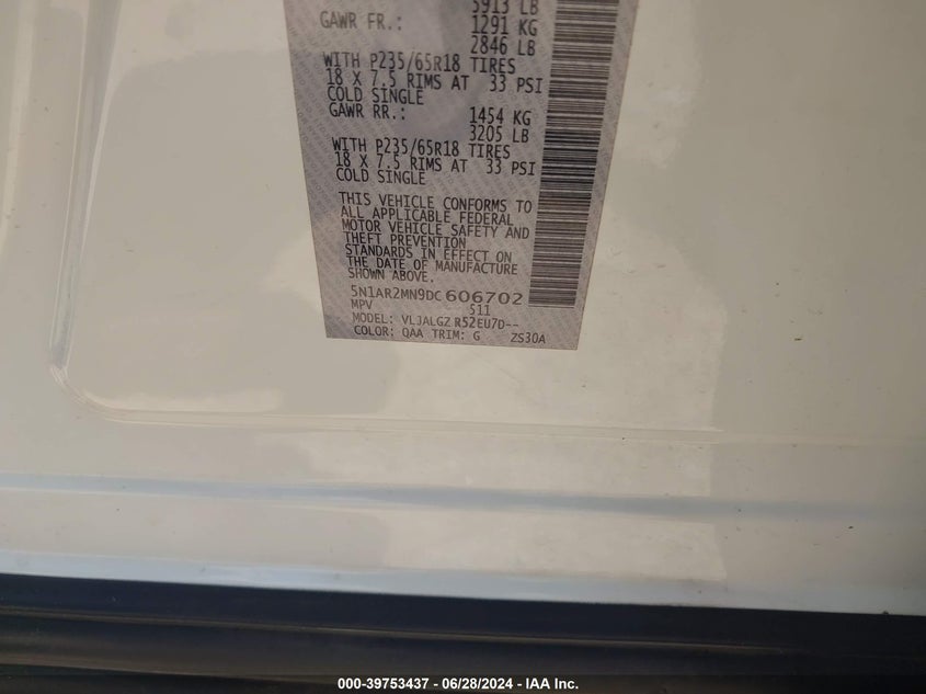 2013 Nissan Pathfinder Sl VIN: 5N1AR2MN9DC606702 Lot: 39753437