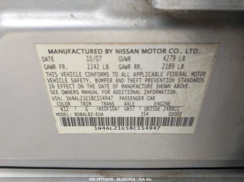 2008 Nissan Altima 2.5 S VIN: 1N4AL21E58C154947 Lot: 39753438