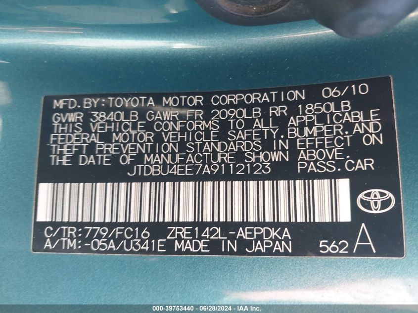 2010 Toyota Corolla Le VIN: JTDBU4EE7A9112123 Lot: 39753440