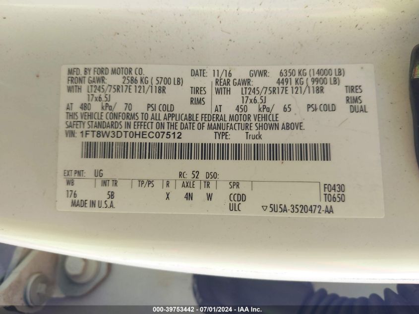2017 Ford F-350 Lariat VIN: 1FT8W3DT0HEC07512 Lot: 39753442