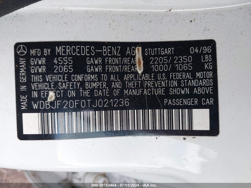 1996 Mercedes-Benz E 300D VIN: WDBJF20F0TJ021236 Lot: 39753454