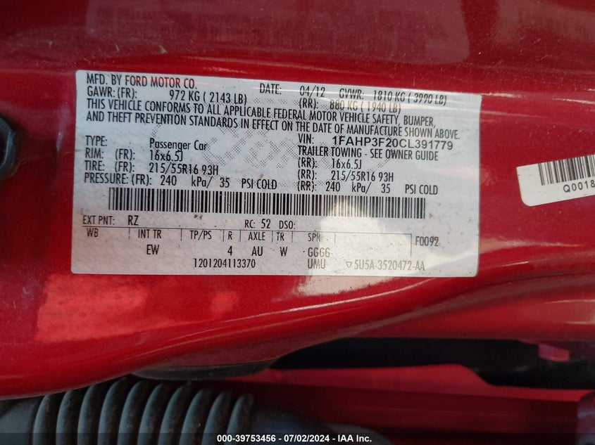 2012 Ford Focus Se VIN: 1FAHP3F20CL391779 Lot: 39753456