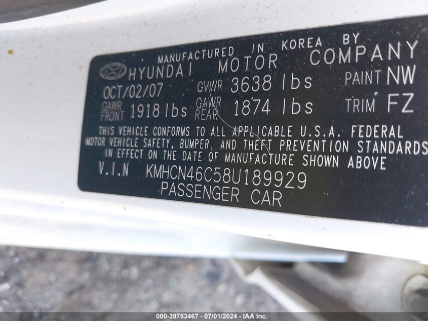 2008 Hyundai Accent Gls VIN: KMHCN46C58U189929 Lot: 39753467