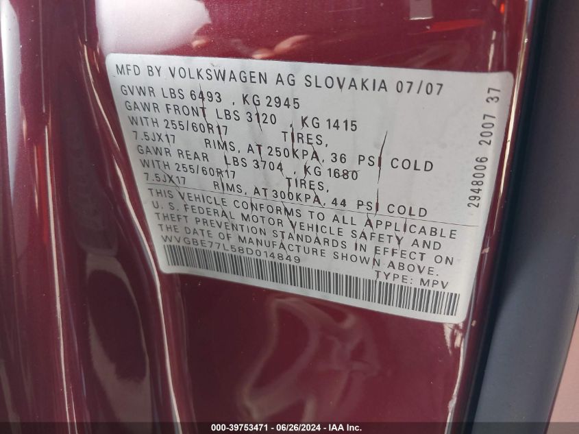 2008 Volkswagen Touareg 2 Vr6 Fsi VIN: WVGBE77L58D014849 Lot: 39753471