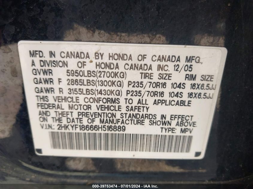 2006 Honda Pilot Ex-L VIN: 2HKYF18666H516889 Lot: 39753474