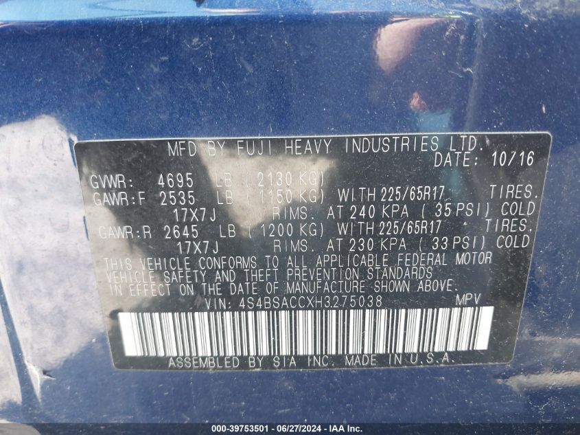 2017 Subaru Outback 2.5I Premium VIN: 4S4BSACCXH3275038 Lot: 39753501