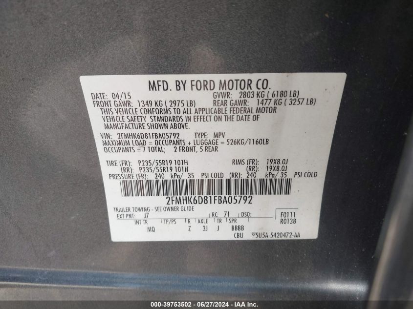 2015 Ford Flex Limited VIN: 2FMHK6D81FBA05792 Lot: 39753502