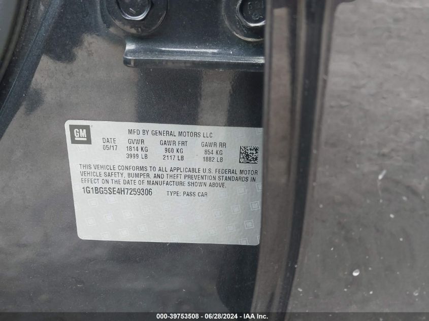 2017 Chevrolet Cruze Lt VIN: 1G1BG5SE4H7259306 Lot: 39753508