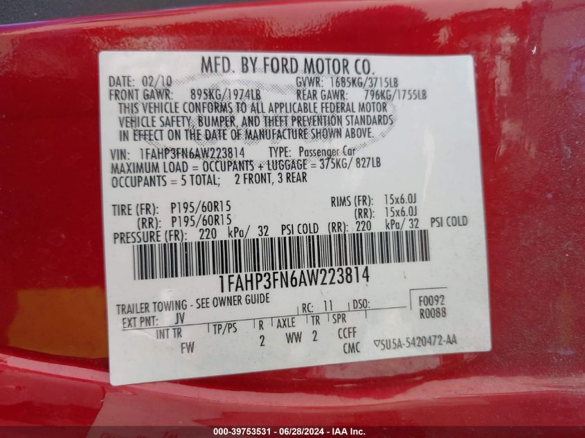 2010 Ford Focus Se VIN: 1FAHP3FN6AW223814 Lot: 39753531