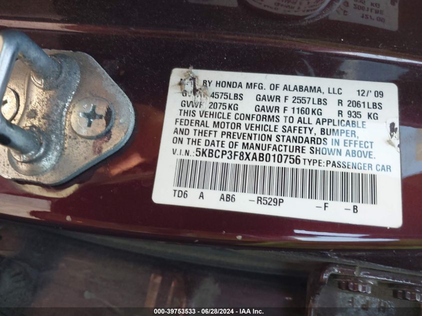 2010 Honda Accord 3.5 Ex-L VIN: 5KBCP3F8XAB010756 Lot: 39753533
