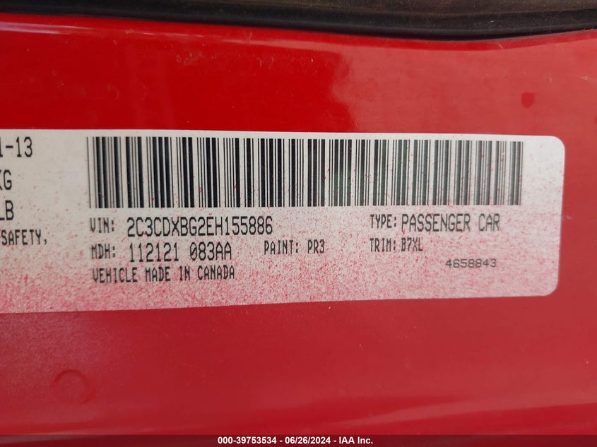 2014 Dodge Charger Se VIN: 2C3CDXBG2EH155886 Lot: 39753534