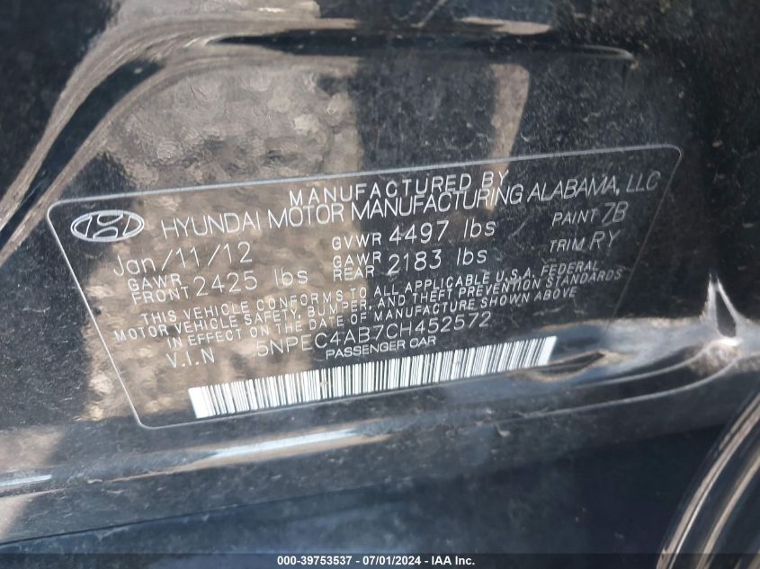 5NPEC4AB7CH452572 2012 Hyundai Sonata Se 2.0T