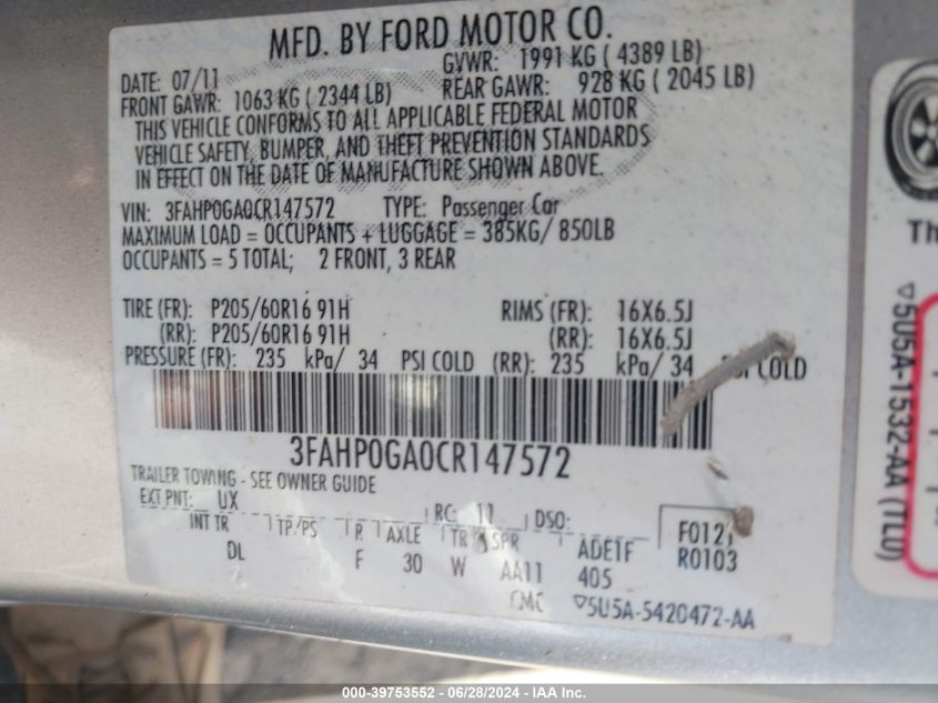 2012 Ford Fusion S VIN: 3FAHP0GA0CR147572 Lot: 39753552