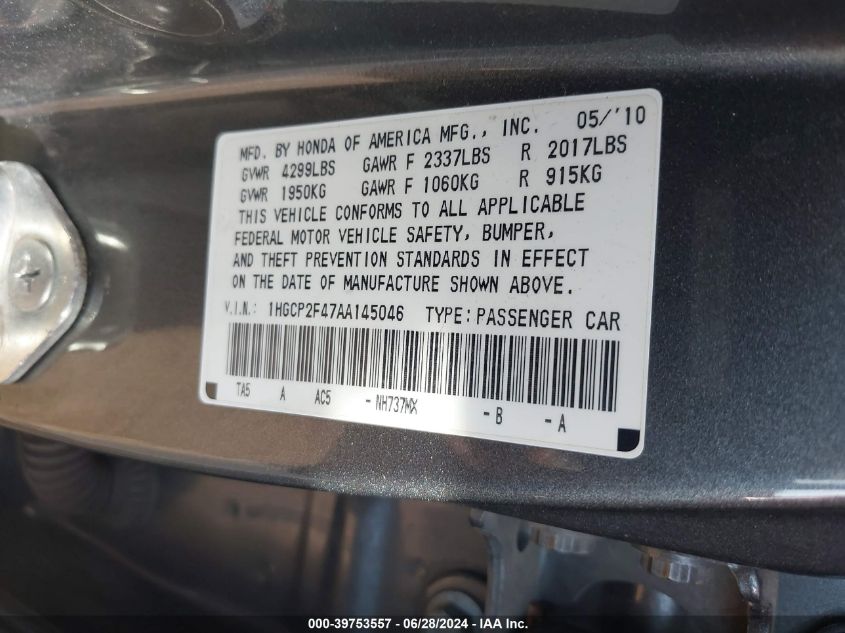 1HGCP2F47AA145046 2010 Honda Accord 2.4 Lx-P