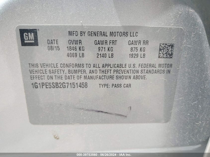 2016 Chevrolet Cruze Limited 1Lt Auto VIN: 1G1PE5SB2G7151458 Lot: 39753560