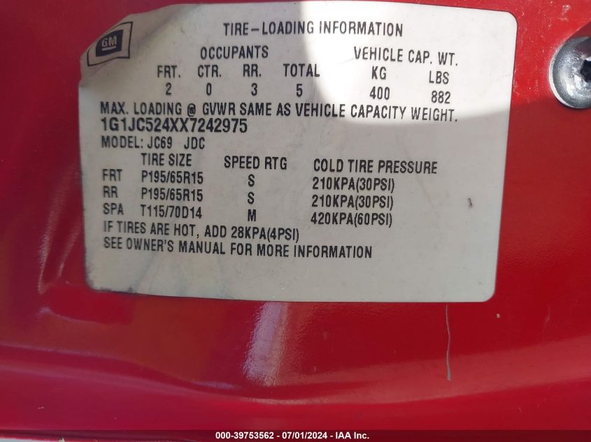 1999 Chevrolet Cavalier VIN: 1G1CC524XX7242975 Lot: 39753562