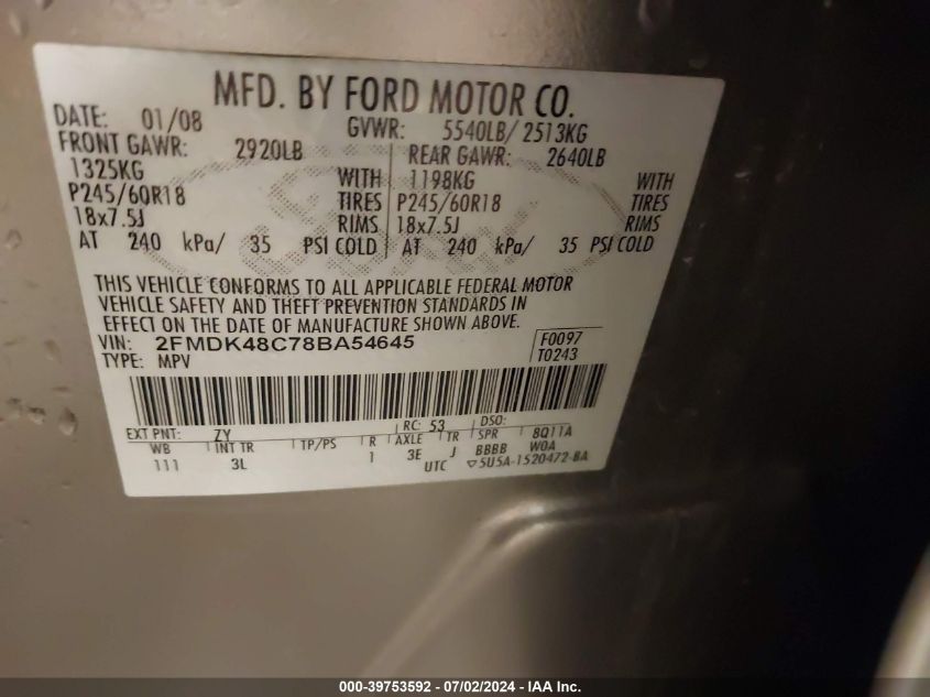 2008 Ford Edge Sel VIN: 2FMDK48C78BA54645 Lot: 39753592