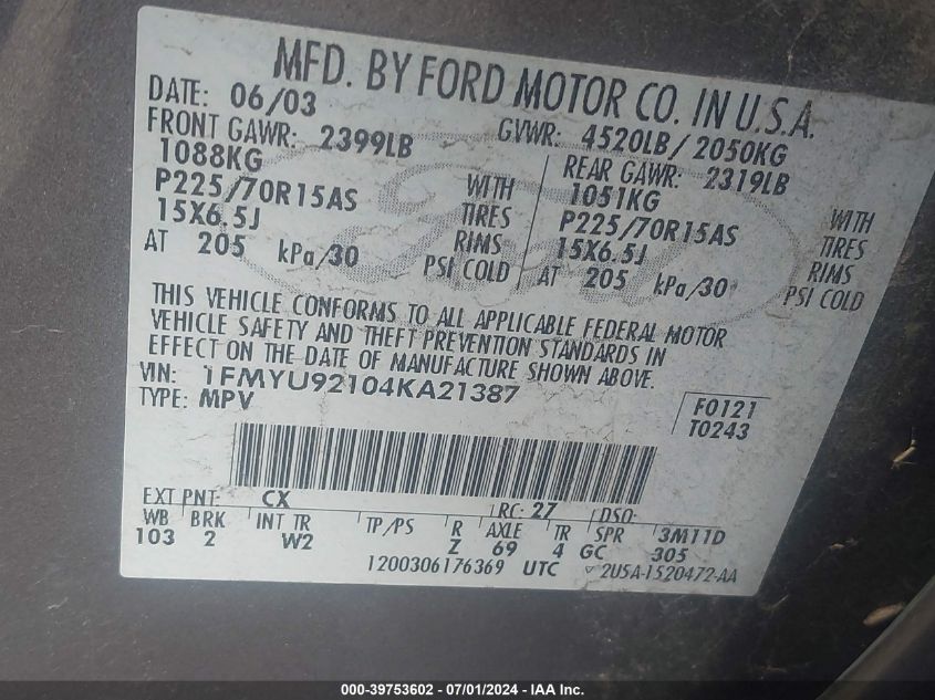 1FMYU92104AA21387 2004 Ford Escape Xls