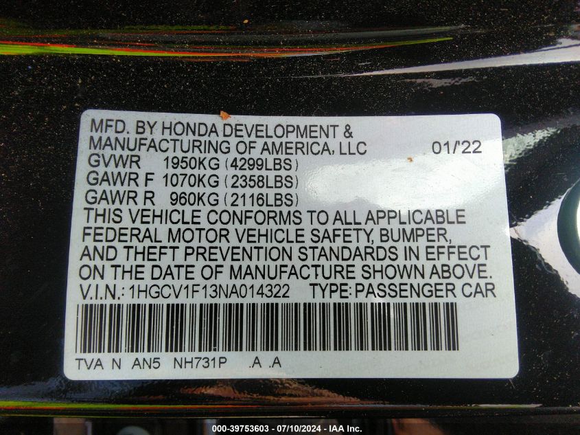 2022 Honda Accord Lx VIN: 1HGCV1F13NA014322 Lot: 39753603
