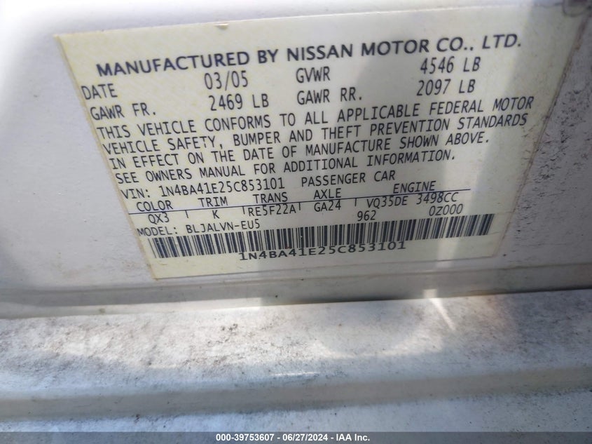 2005 Nissan Maxima 3.5 Sl VIN: 1N4BA41E25C853101 Lot: 39753607