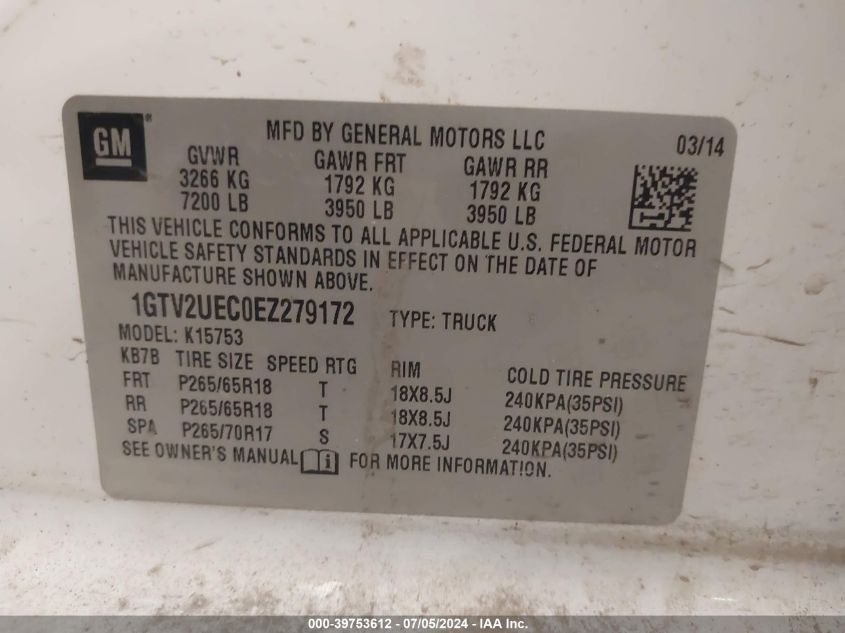 2014 GMC Sierra 1500 Sle VIN: 1GTV2UEC0EZ279172 Lot: 39753612