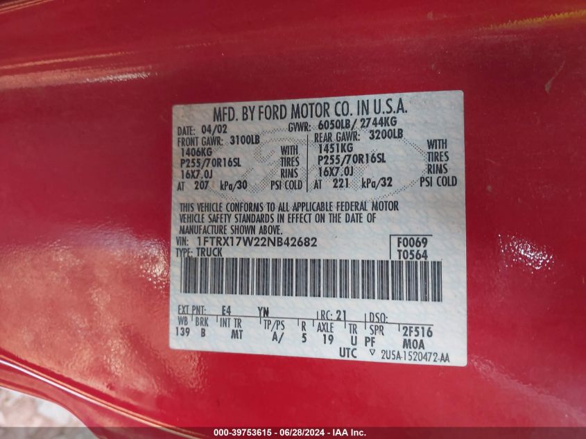 2002 Ford F150 VIN: 1FTRX17W22NB42682 Lot: 39753615