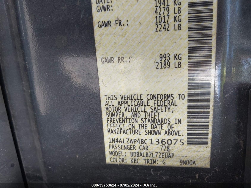 2011 Nissan Altima 2.5 S VIN: 1N4AL2AP4BC136075 Lot: 39753624