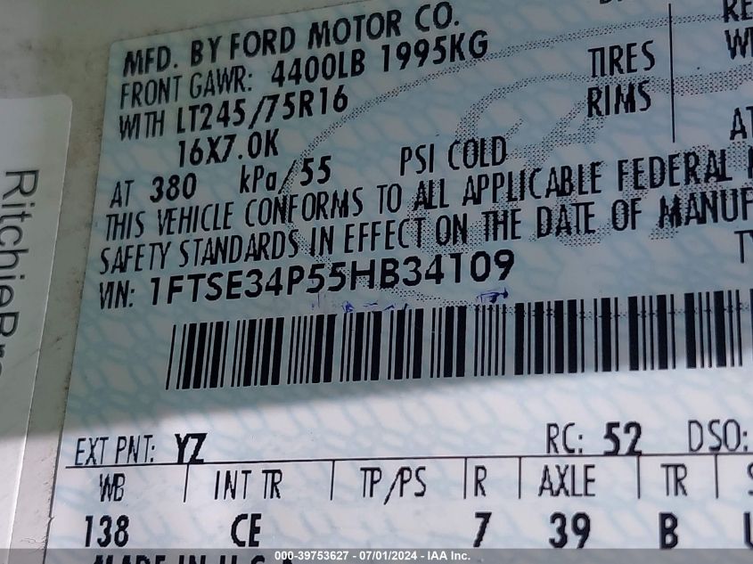 2005 Ford E-350 Super Duty Commercial/Recreational VIN: 1FTSE34P55HB34109 Lot: 39753627