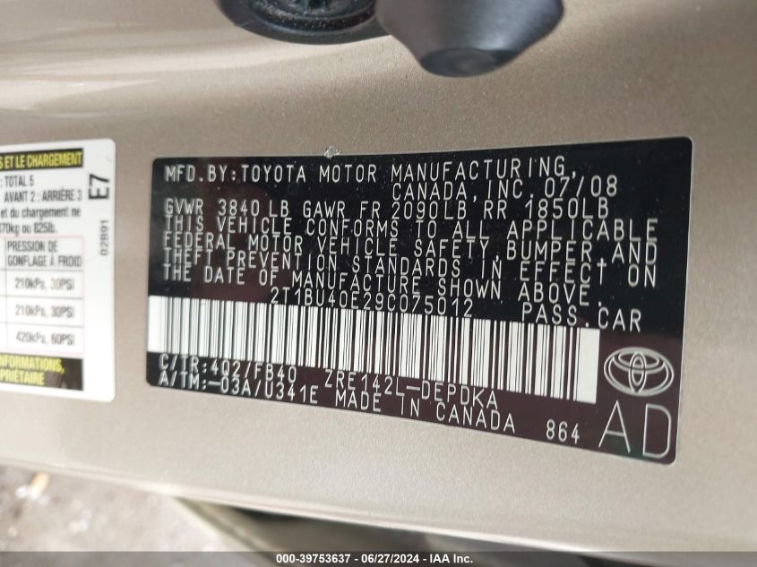 2009 Toyota Corolla S/Le/Xle VIN: 2T1BU40E29C075012 Lot: 39753637