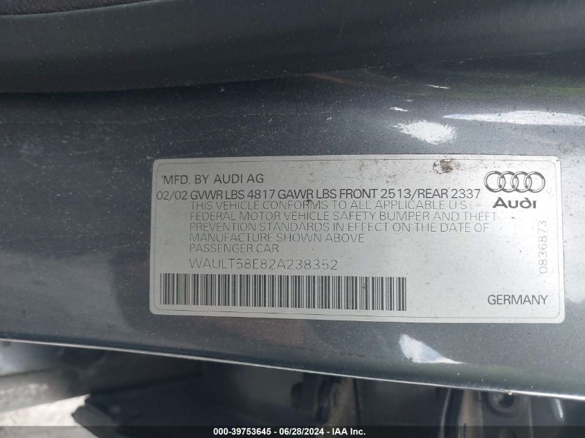 2002 Audi A4 3.0 Quattro VIN: WAULT58E82A238352 Lot: 39753645