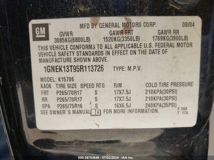 2005 Chevrolet Tahoe Z71 VIN: 1GNEK13T95R113726 Lot: 39753646